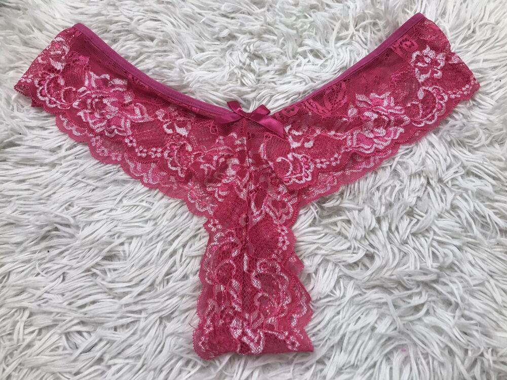 Rare Women's Bow Waistband Sheer Floral Lace Ruffle Thong Hot Pink Floral XL